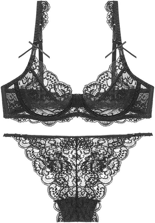 Angelofyou Sheer Lace Bra and Panty Set - Mesh Lingerie