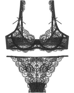 Ylishi Sheer Lace Bra and Panty Set - Mesh Lingerie